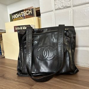 Vintage Chanel Black Lambskin Leather Shoulder Tote Bag